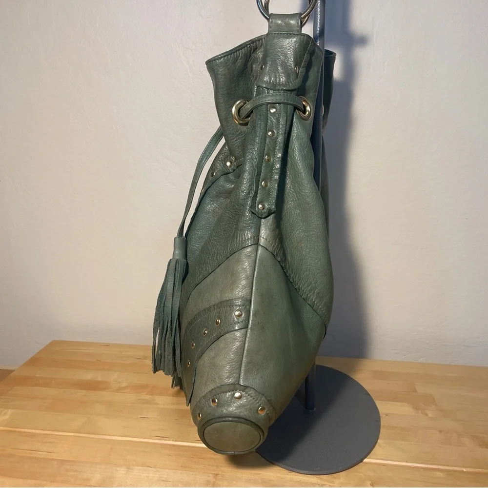 Vintage Y2K Bulga Green Leather Studded Hobo Bag Drawstring Tassel Purse